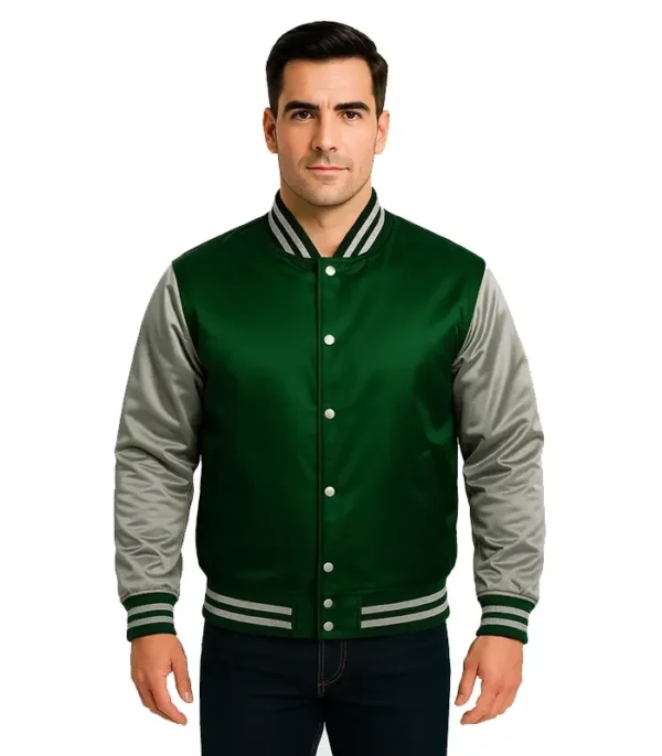 Green and Grey Satin Varsity Jacket