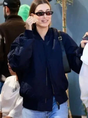 Hailey Bieber Navy Blue Bomber Jacket