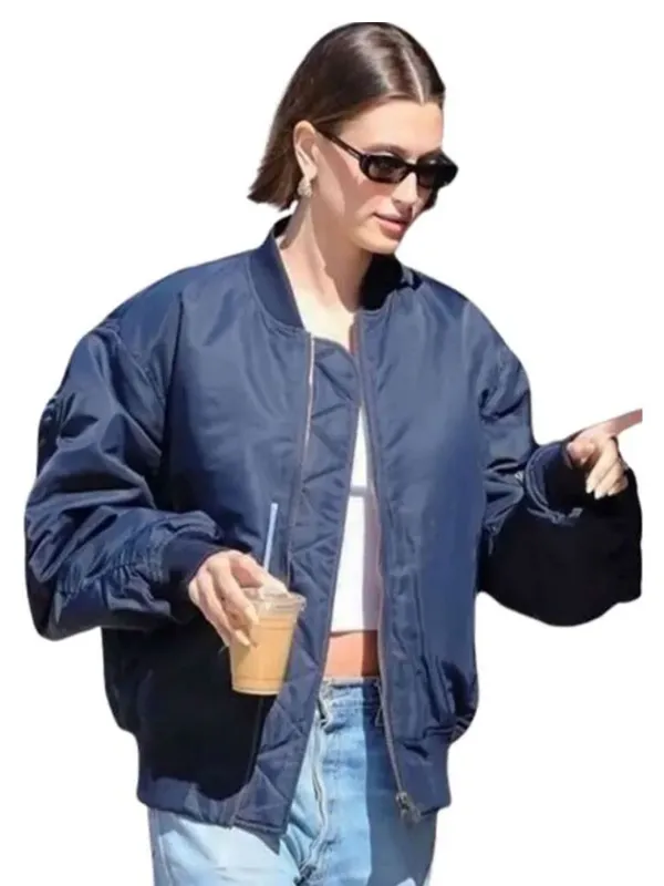 Hailey Bieber Navy Blue Bomber Jacket Hailey Bieber Navy Blue Bomber Jacket