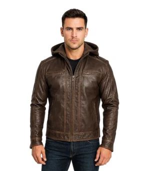 Hector Vintage – Brown Hooded Leather Biker Jacket