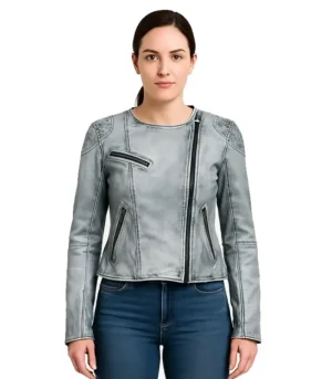 Ice White Quilted Shoulder Leather Jacket For Women