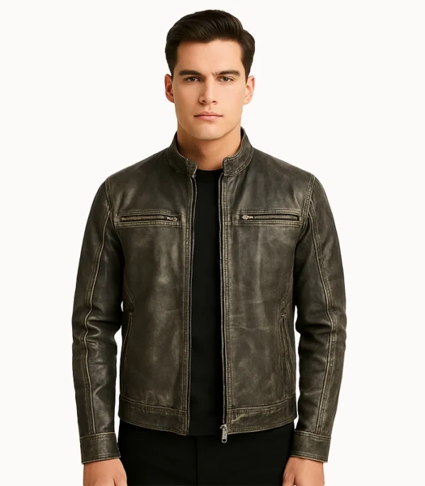 Ionic Distressed Brown Leather Biker Jacket