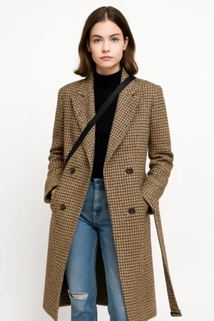Kaia Gerber Vintage Long Belt Plaid Coat