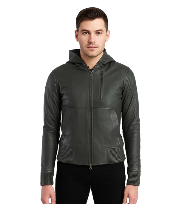 David Green Leather Bomber Jacket With Hood