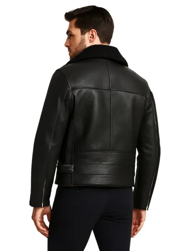 Men Black Shearling Moto Jacket Men Black Shearling Moto Jacket