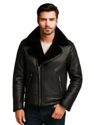 Men Black Shearling Moto Jacket