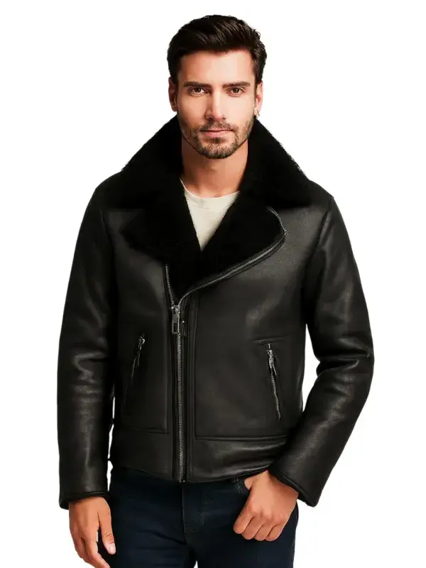 Men Black Shearling Moto Jacket Men Black Shearling Moto Jacket