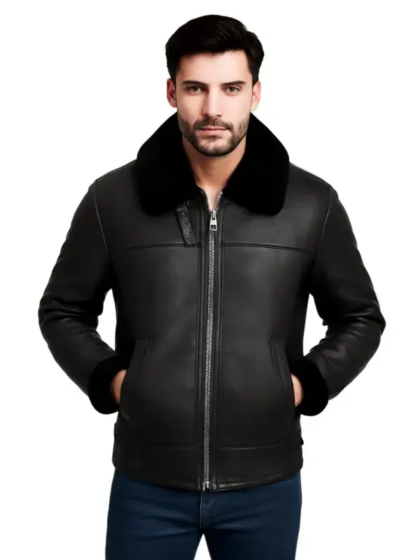 Men Black Shearling Flying Leather Jacket Men Black Shearling Flying Leather Jacket