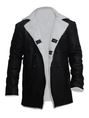 Mens Black Leather Long Shearling Coat with Fur Collar