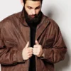 Mens Oversized Brown Leather Bomber Jacket