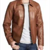 Mens Shirt Collar Brown Leather Jacket