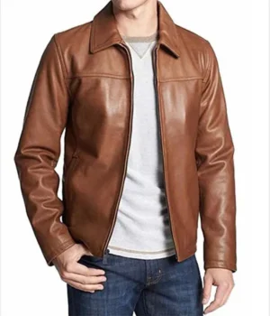 Mens Shirt Collar Brown Leather Jacket