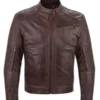 Mens Brown Leather Snap Tab Collar Jacket