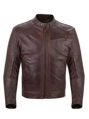 Mens Brown Leather Snap Tab Collar Jacket