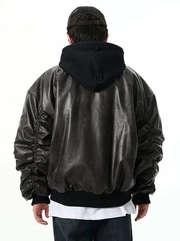 Oversized-Black-Leather-Hooded-Bomber-Jacket Oversized Leather Bomber Jacket with Hood