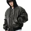 Oversized Leather Bomber Jacket with Hood