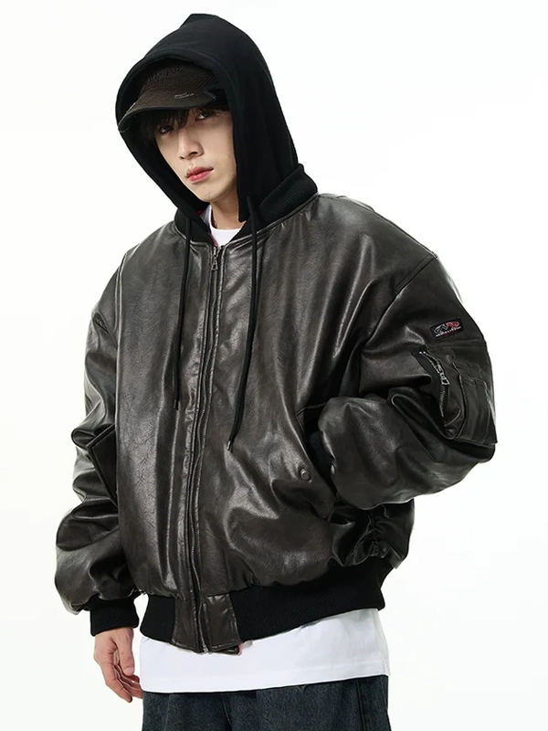 Oversized Leather Bomber Jacket with Hood Oversized Leather Bomber Jacket with Hood