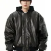 Oversized Leather Bomber Jacket with Hood