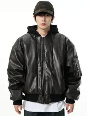 Oversized Leather Bomber Jacket with Hood