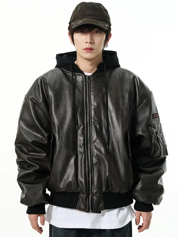 Oversized Leather Bomber Jacket with Hood Oversized Leather Bomber Jacket with Hood