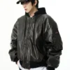 Oversized Leather Bomber Jacket with Hood
