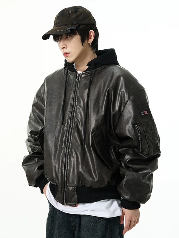 Oversized Leather Bomber Jacket with Hood Oversized Leather Bomber Jacket with Hood