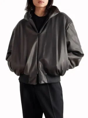 Oversized Padded Leather Hooded Bomber Jacket
