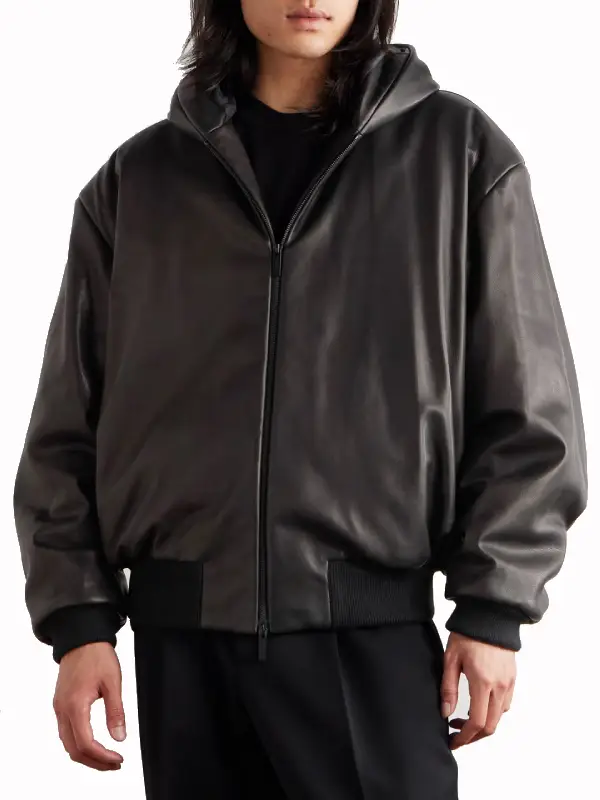 Oversized Padded Leather Hooded Bomber Jacket Oversized Padded Leather Hooded Bomber Jacket