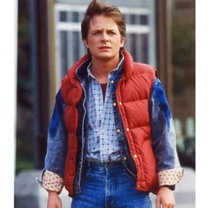 Marty McFly Back to the Future Puffer Vest – Iconic red puffer vest inspired by Marty McFly’s classic look, featuring lightweight design and timeless 80s style.
