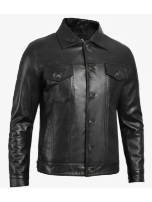 Mens Four Pockets Black Leather Trucker Jacket