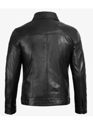 Mens Four Pockets Black Leather Trucker Jacket