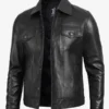 Mens Four Pockets Black Leather Trucker Jacket