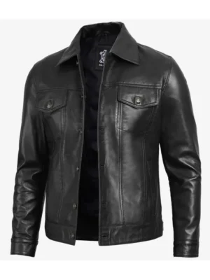 Mens Four Pockets Black Leather Trucker Jacket