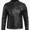 Mens Four Pockets Black Leather Trucker Jacket