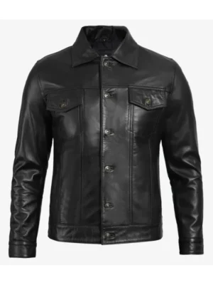 Mens Four Pockets Black Leather Trucker Jacket