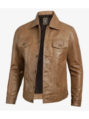 Men’s Real Leather Camel Brown Trucker Jacket