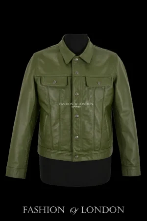 Men Trucker Leather Jacket Olive Classic Cowhide Leather Shirt Style Jacket