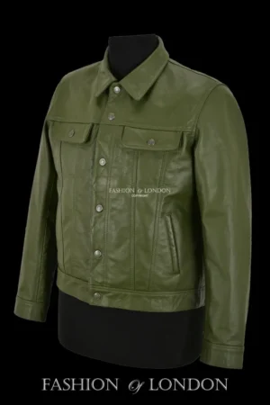 Men Trucker Leather Jacket Olive Classic Cowhide Leather Shirt Style Jacket