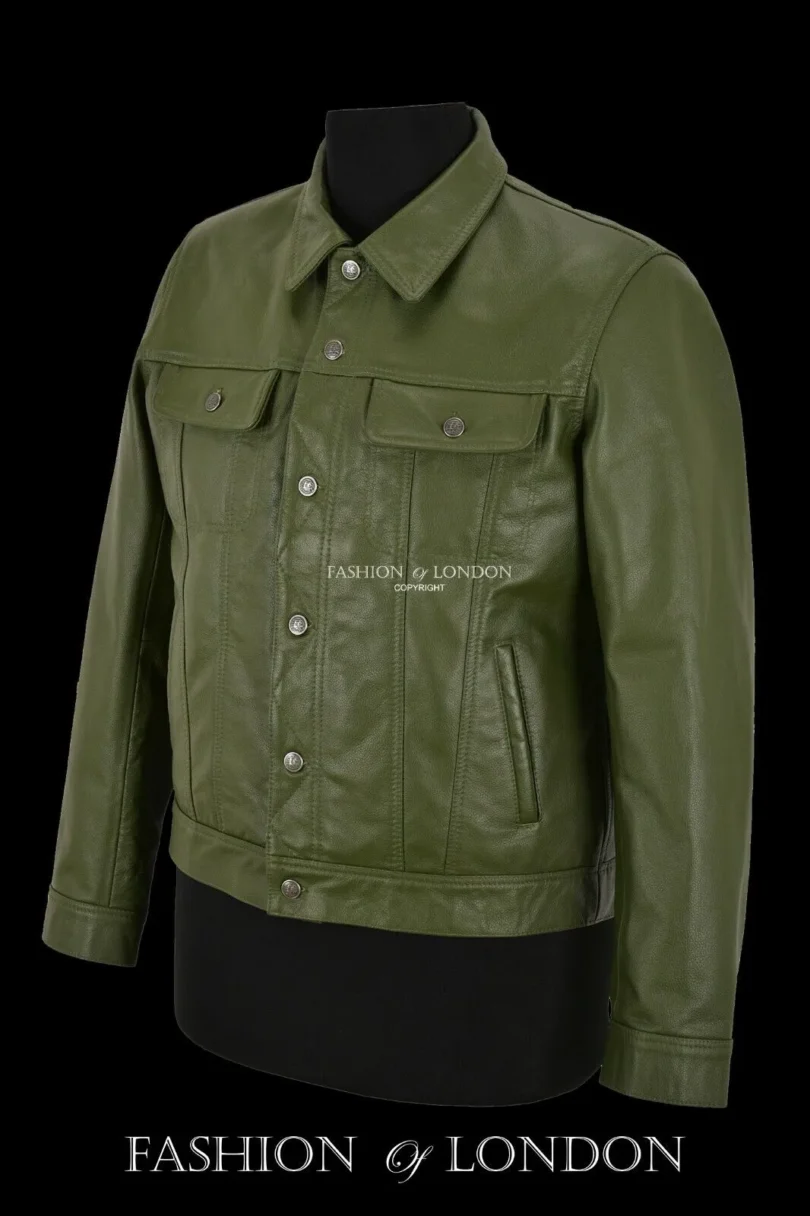 Men Trucker Leather Jacket Olive Classic Cowhide Leather Shirt Style Jacket Men Trucker Leather Jacket Olive Classic Cowhide Leather Shirt Style Jacket