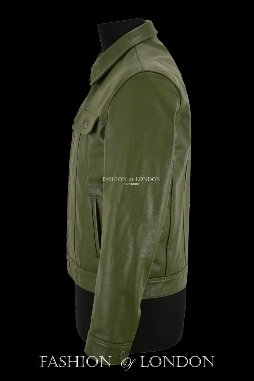 Men Trucker Leather Jacket Olive Classic Cowhide Leather Shirt Style Jacket Men Trucker Leather Jacket Olive Classic Cowhide Leather Shirt Style Jacket