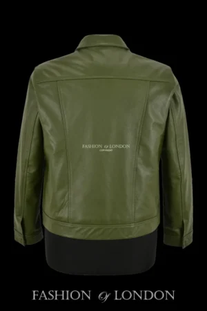 Men Trucker Leather Jacket Olive Classic Cowhide Leather Shirt Style Jacket