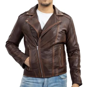 Mens Motorcycle Brown Asymmetric Biker Leather Jacket