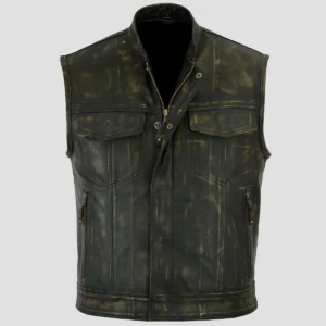 Mens Distressed Black Leather Biker Vest