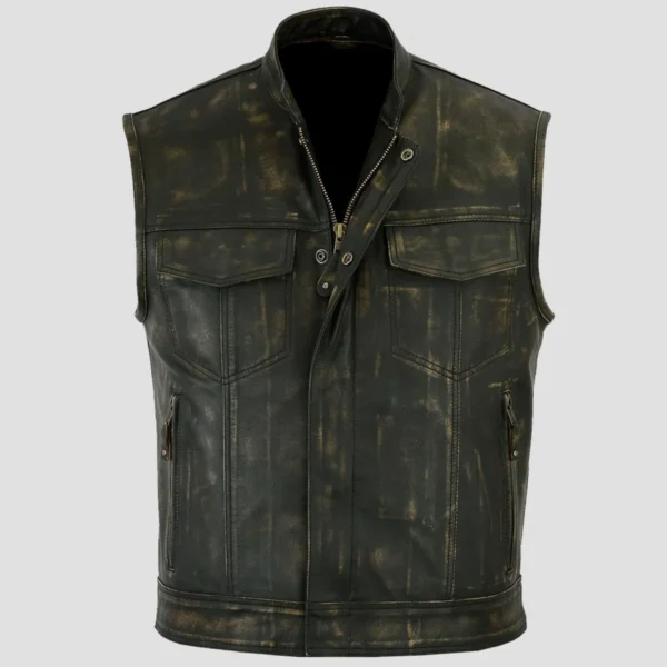 Mens Distressed Black Leather Biker Vest