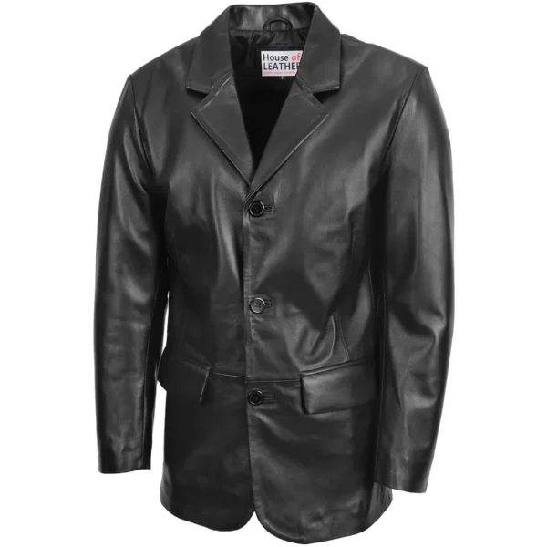 Mens Three Button Black Leather Blazer