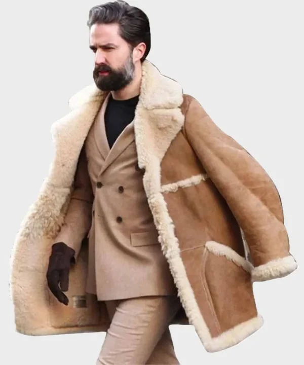 Mens Brown Sheepskin Shearling Long Jacket