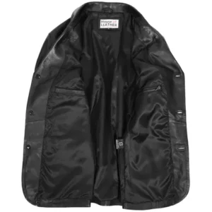 Mens Three Button Black Leather Blazer