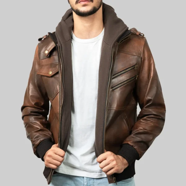 Mens Brown Leather Hooded Jacket