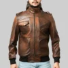 Mens Brown Leather Hooded Jacket