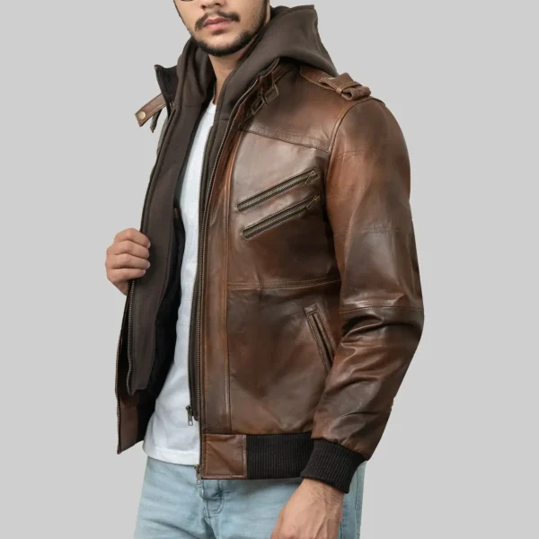 Mens Brown Leather Hooded Jacket